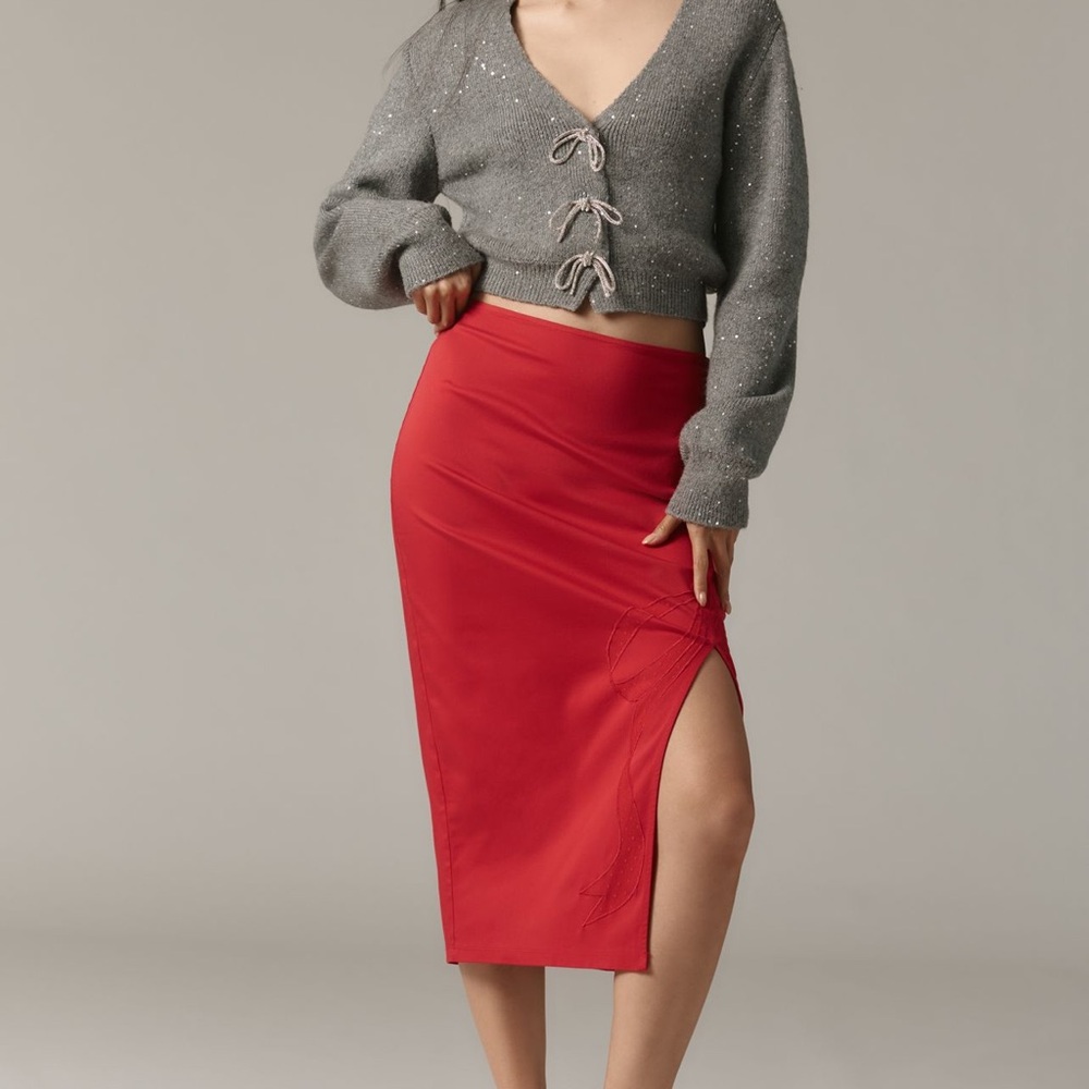 Anthropologie - Maeve Red Midi Pencil Skirt with Side Slit
